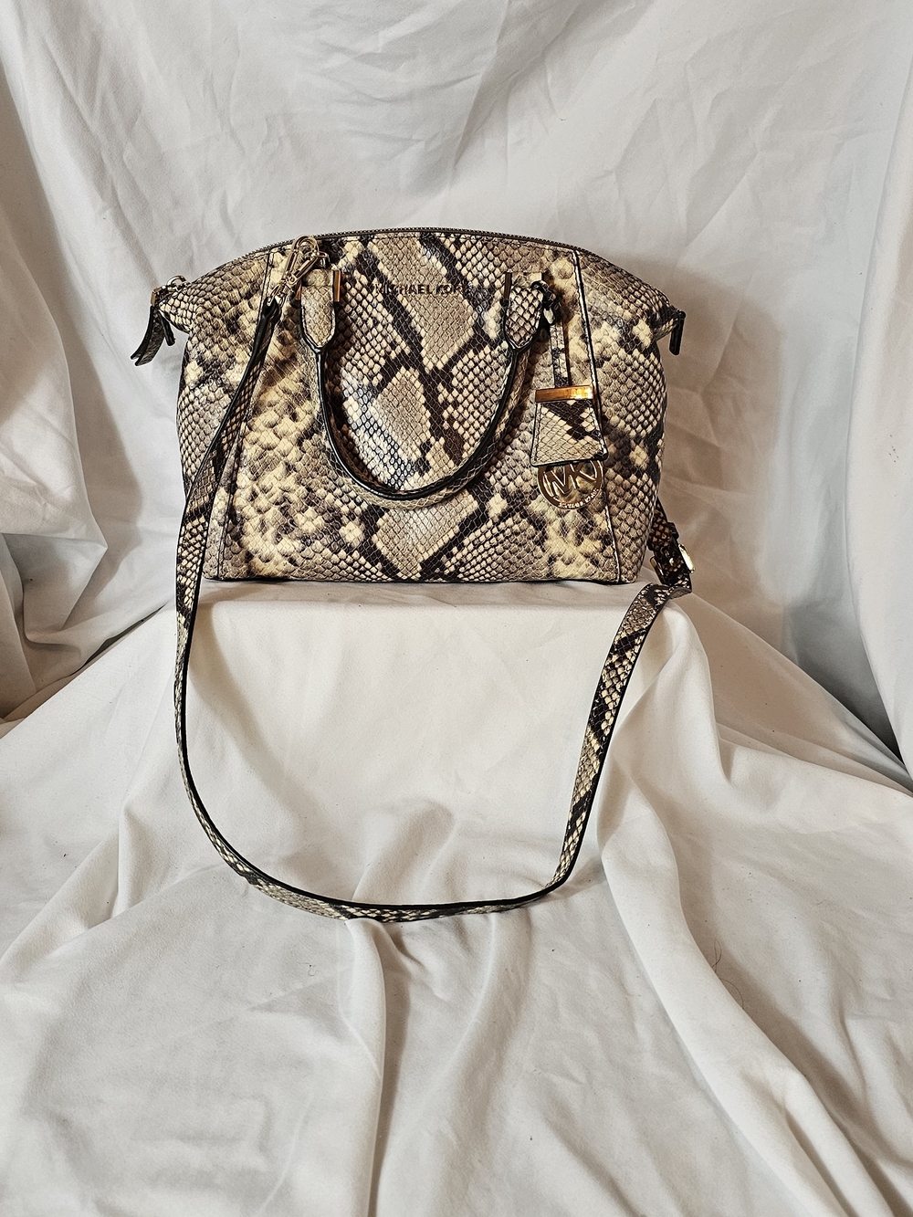 Michael Kors Beige Snake-Print Satchel with Gold Accent